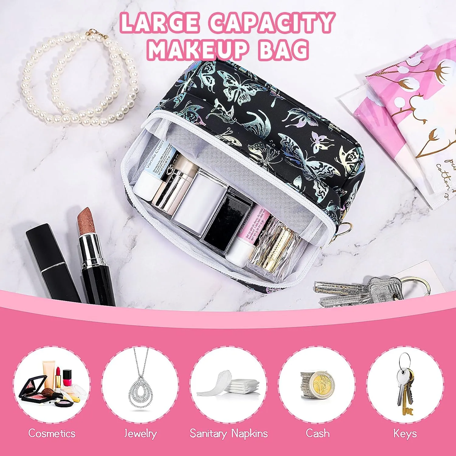 5.1" Mini Makeup Bag for Purse, Leather Small Makeup Pouch Travel Cosmetic Make up Bags for Women Girls, Cute Preppy Mini Toiletry Bag Coin Pouch Period Bag(Dancing Butterfly Black)