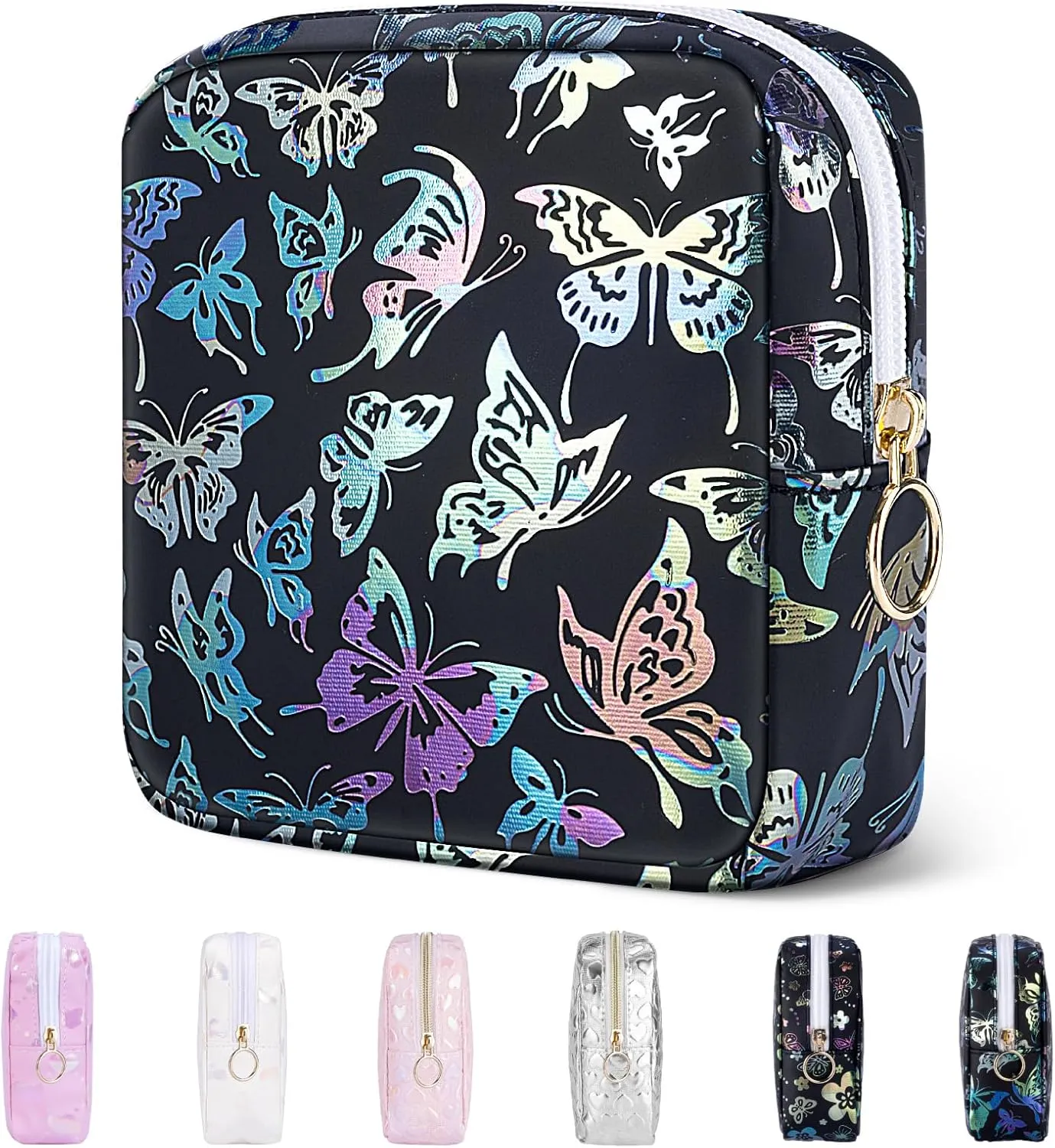 5.1" Mini Makeup Bag for Purse, Leather Small Makeup Pouch Travel Cosmetic Make up Bags for Women Girls, Cute Preppy Mini Toiletry Bag Coin Pouch Period Bag(Dancing Butterfly Black)