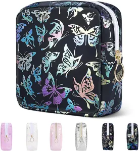 5.1" Mini Makeup Bag for Purse, Leather Small Makeup Pouch Travel Cosmetic Make up Bags for Women Girls, Cute Preppy Mini Toiletry Bag Coin Pouch Period Bag(Dancing Butterfly Black)