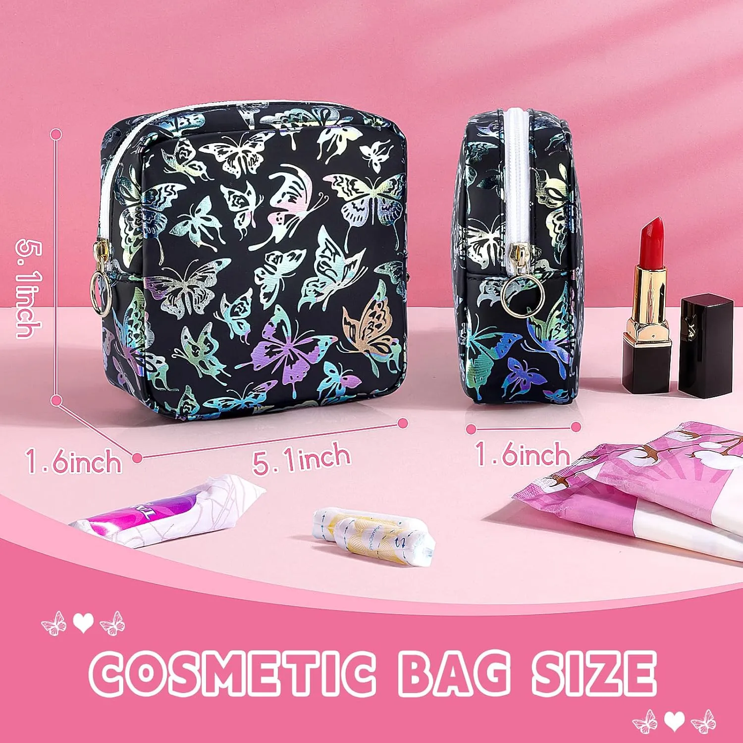 5.1" Mini Makeup Bag for Purse, Leather Small Makeup Pouch Travel Cosmetic Make up Bags for Women Girls, Cute Preppy Mini Toiletry Bag Coin Pouch Period Bag(Dancing Butterfly Black)