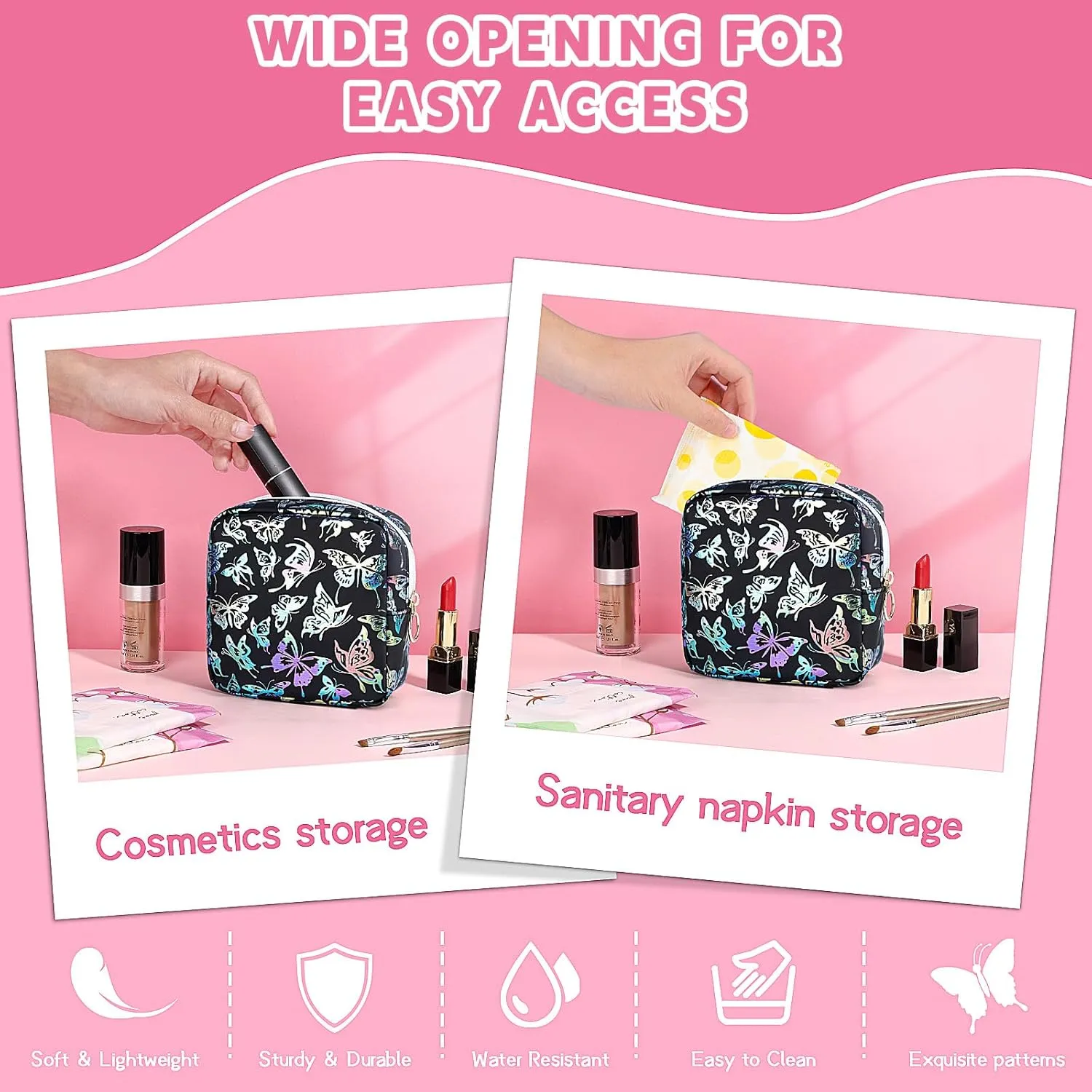 5.1" Mini Makeup Bag for Purse, Leather Small Makeup Pouch Travel Cosmetic Make up Bags for Women Girls, Cute Preppy Mini Toiletry Bag Coin Pouch Period Bag(Dancing Butterfly Black)