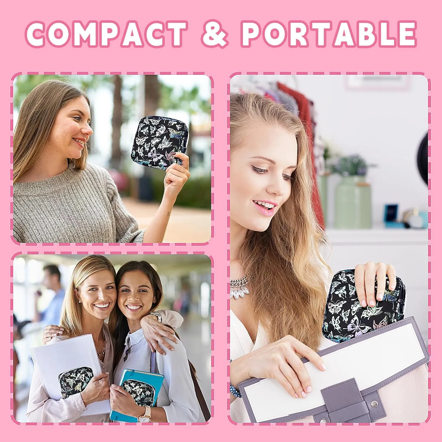 5.1" Mini Makeup Bag for Purse, Leather Small Makeup Pouch Travel Cosmetic Make up Bags for Women Girls, Cute Preppy Mini Toiletry Bag Coin Pouch Period Bag(Dancing Butterfly Black)