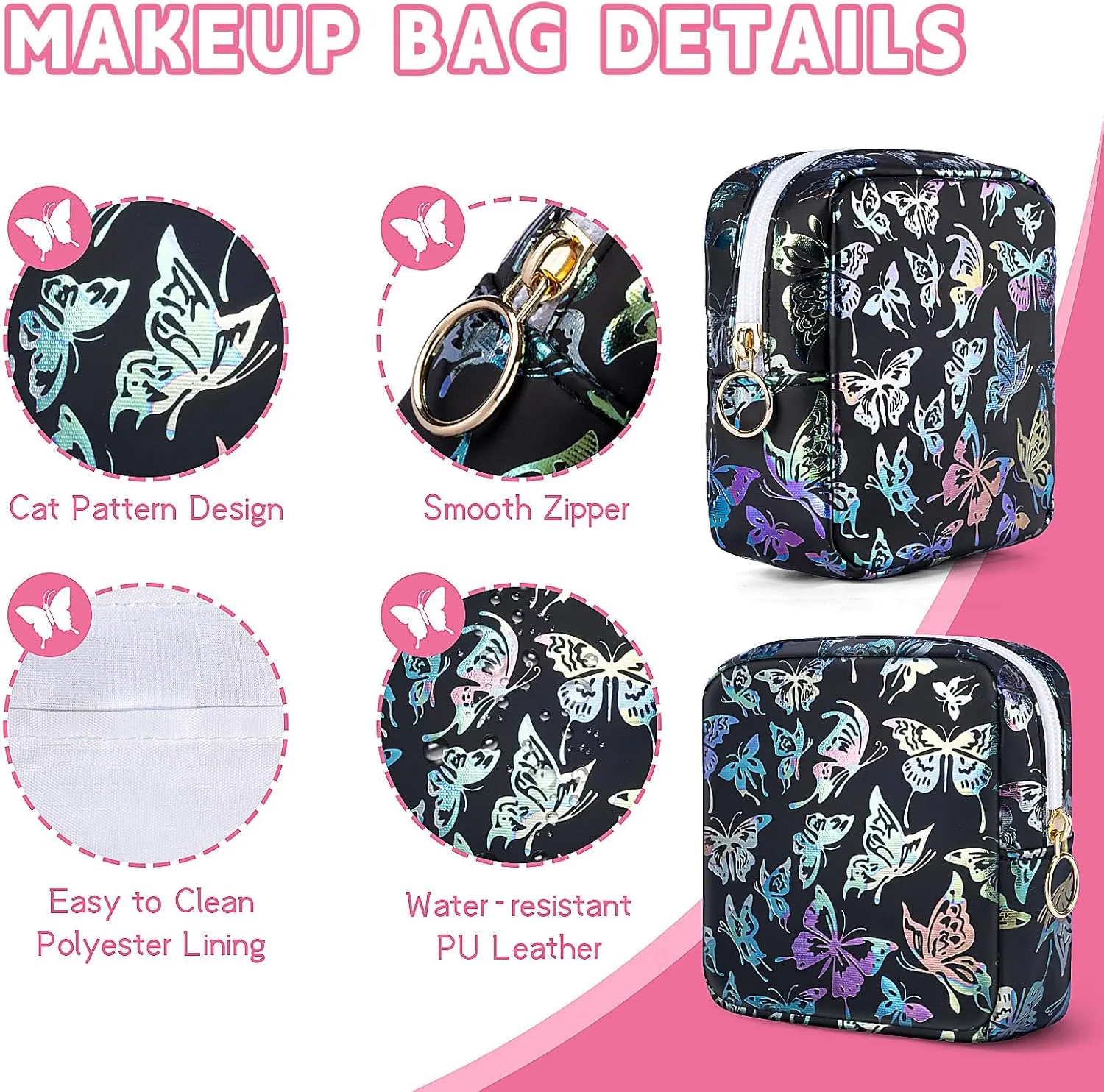 5.1" Mini Makeup Bag for Purse, Leather Small Makeup Pouch Travel Cosmetic Make up Bags for Women Girls, Cute Preppy Mini Toiletry Bag Coin Pouch Period Bag(Dancing Butterfly Black)