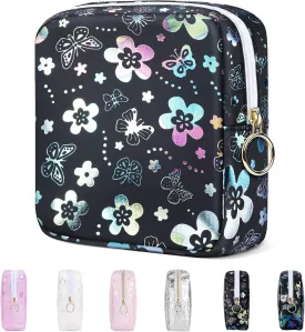 5.1" Mini Makeup Bag for Purse, Leather Small Makeup Pouch Travel Cosmetic Make up Bags for Women Girls, Cute Preppy Mini Toiletry Bag Coin Pouch Period Bag(Flower Butterfly Black)