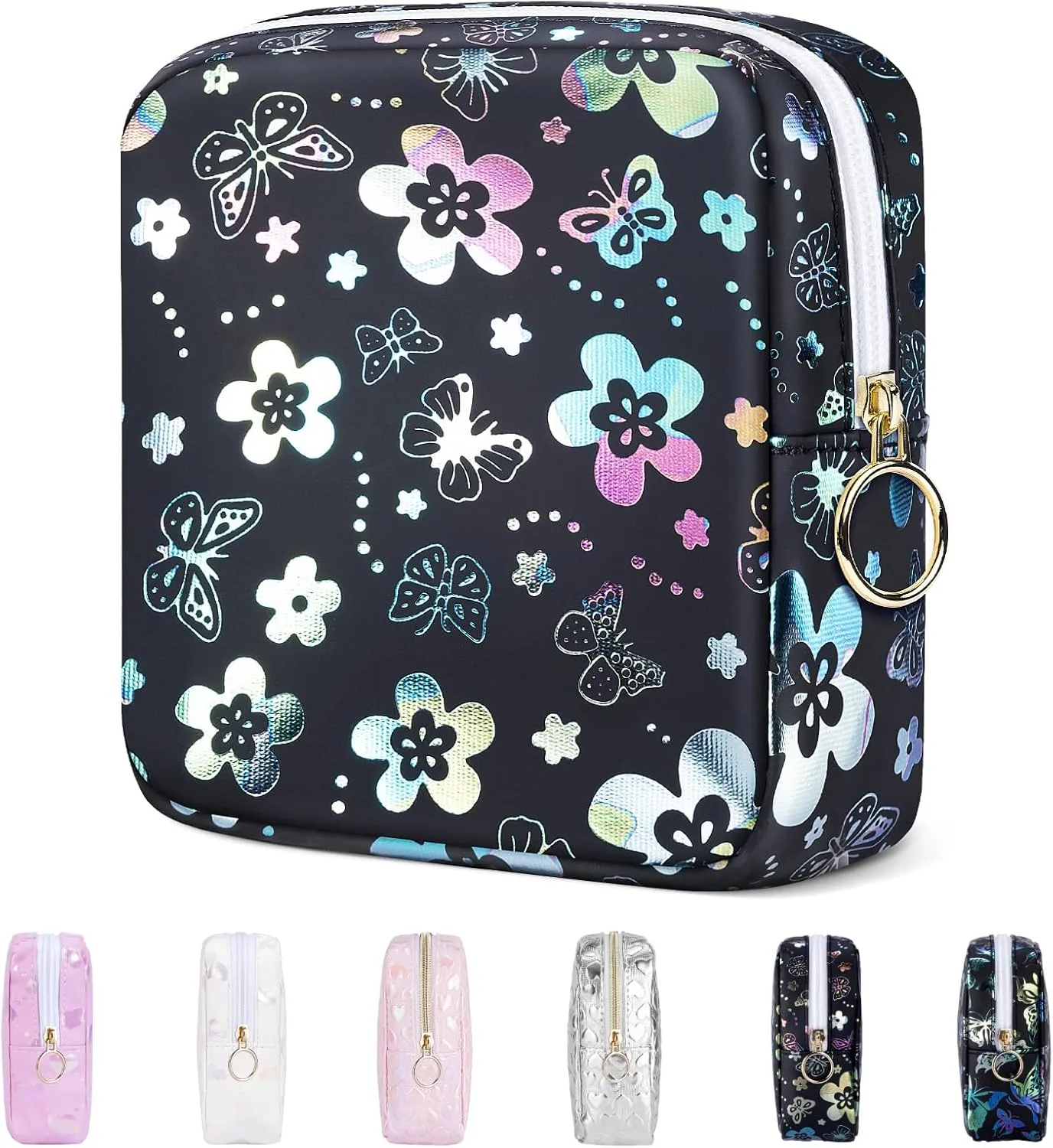 5.1" Mini Makeup Bag for Purse, Leather Small Makeup Pouch Travel Cosmetic Make up Bags for Women Girls, Cute Preppy Mini Toiletry Bag Coin Pouch Period Bag(Flower Butterfly Black)