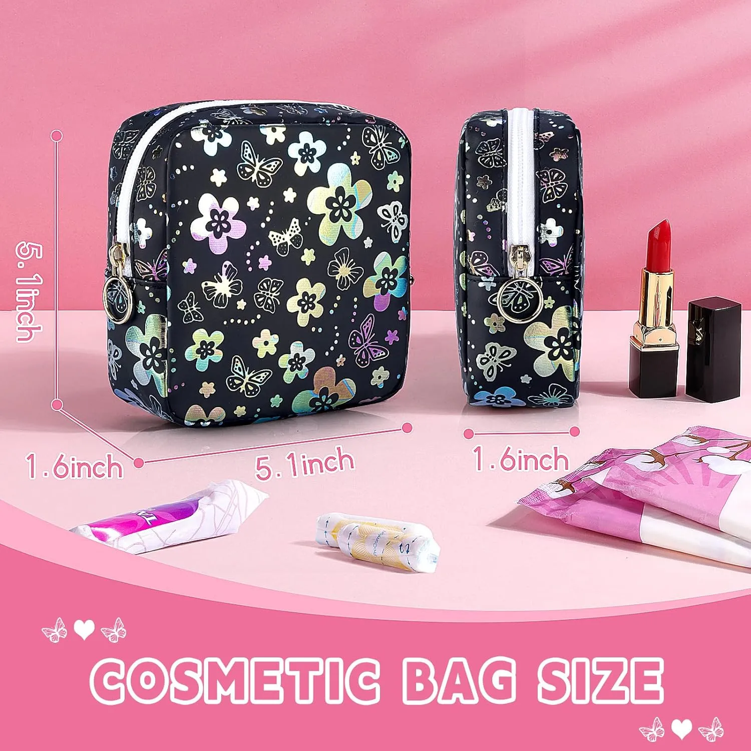 5.1" Mini Makeup Bag for Purse, Leather Small Makeup Pouch Travel Cosmetic Make up Bags for Women Girls, Cute Preppy Mini Toiletry Bag Coin Pouch Period Bag(Flower Butterfly Black)