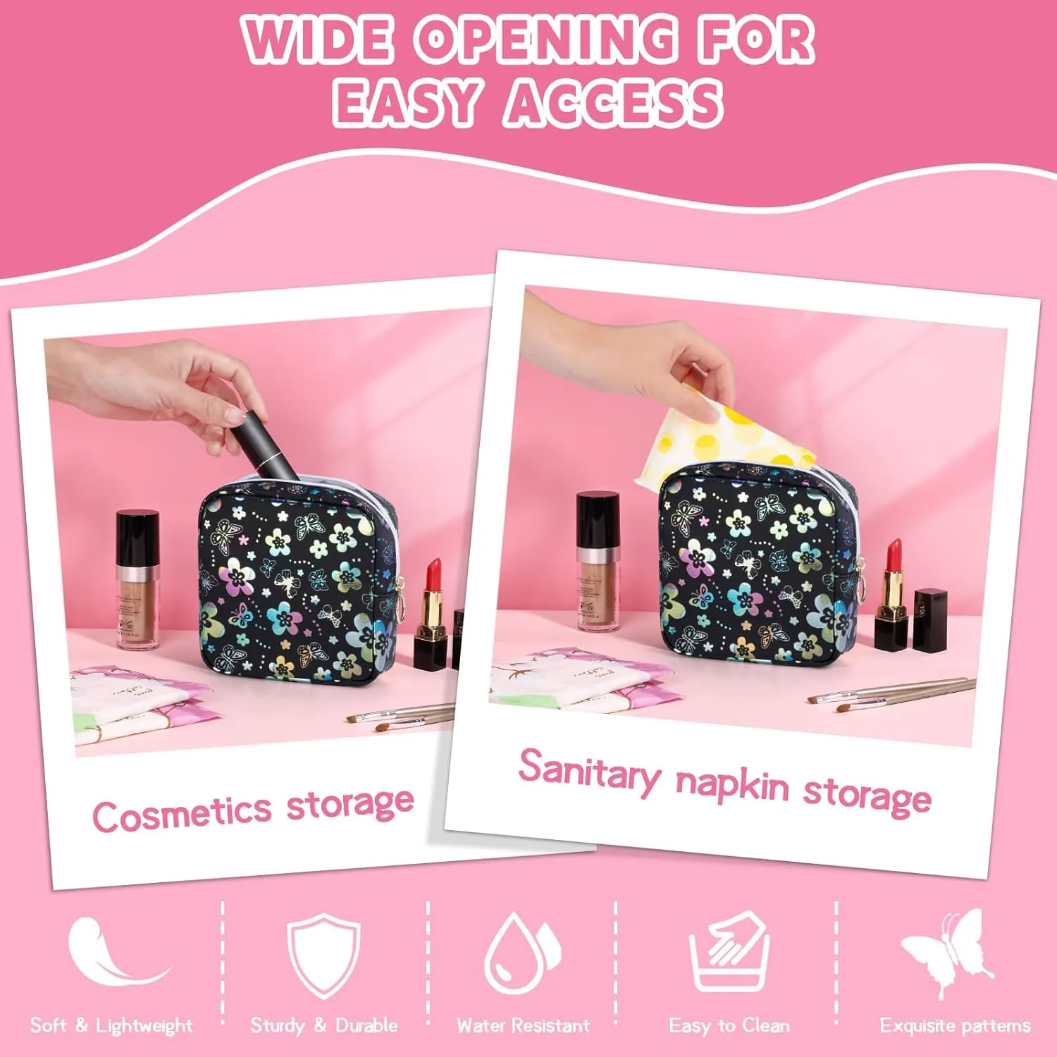 5.1" Mini Makeup Bag for Purse, Leather Small Makeup Pouch Travel Cosmetic Make up Bags for Women Girls, Cute Preppy Mini Toiletry Bag Coin Pouch Period Bag(Flower Butterfly Black)