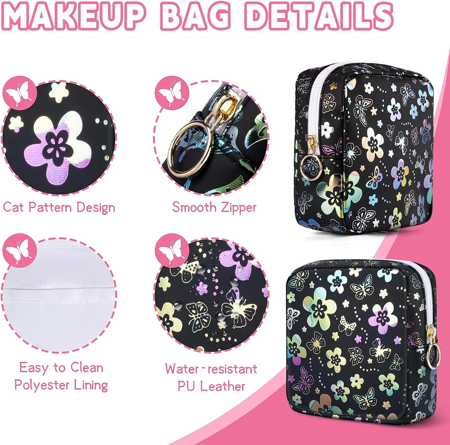 5.1" Mini Makeup Bag for Purse, Leather Small Makeup Pouch Travel Cosmetic Make up Bags for Women Girls, Cute Preppy Mini Toiletry Bag Coin Pouch Period Bag(Flower Butterfly Black)