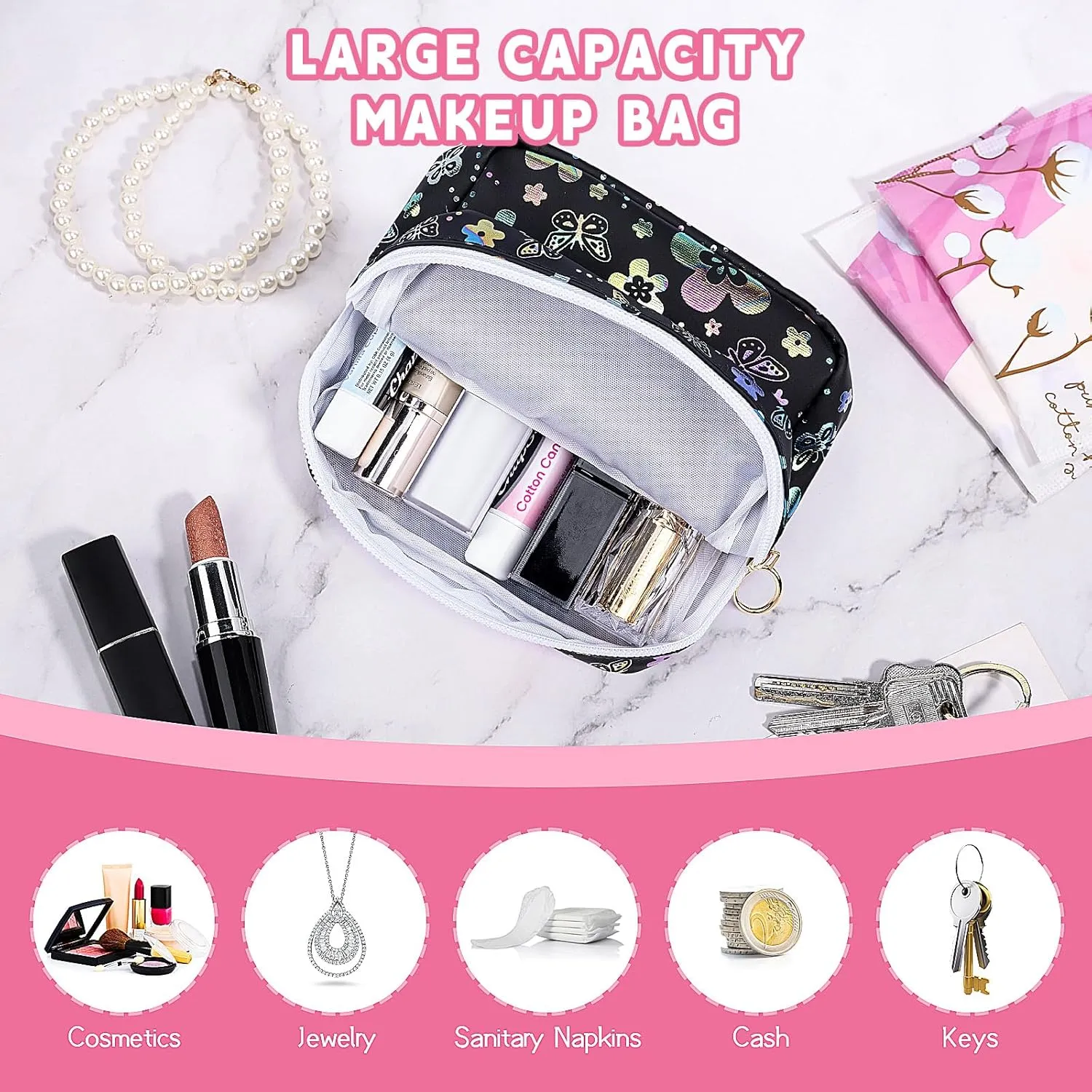 5.1" Mini Makeup Bag for Purse, Leather Small Makeup Pouch Travel Cosmetic Make up Bags for Women Girls, Cute Preppy Mini Toiletry Bag Coin Pouch Period Bag(Flower Butterfly Black)