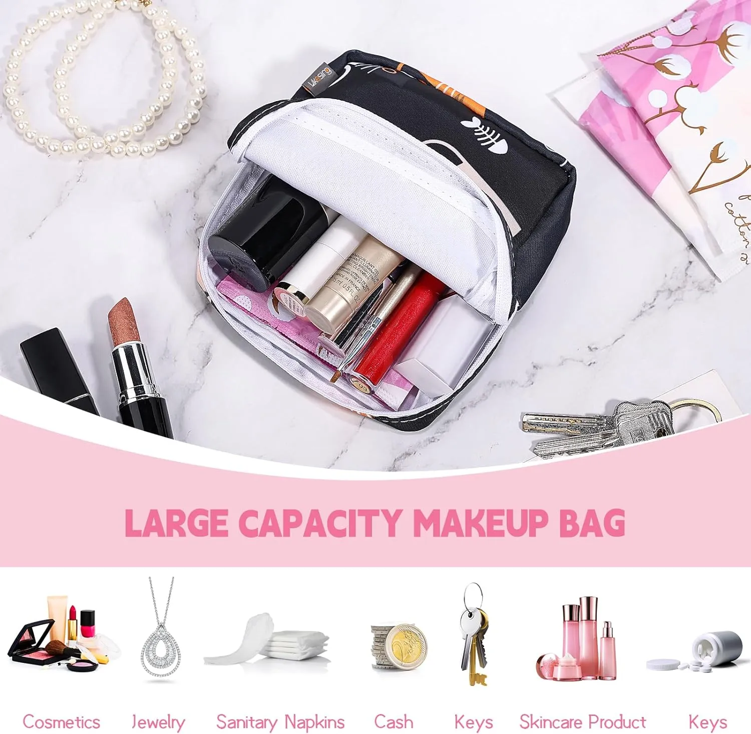 5.1" Mini Makeup Bag for Purse, Nylon Small Makeup Pouch Travel Cosmetic Make up Bags for Women Girls, Cute Preppy Mini Toiletry Bag Coin Pouch Period Bag(5170 Black)