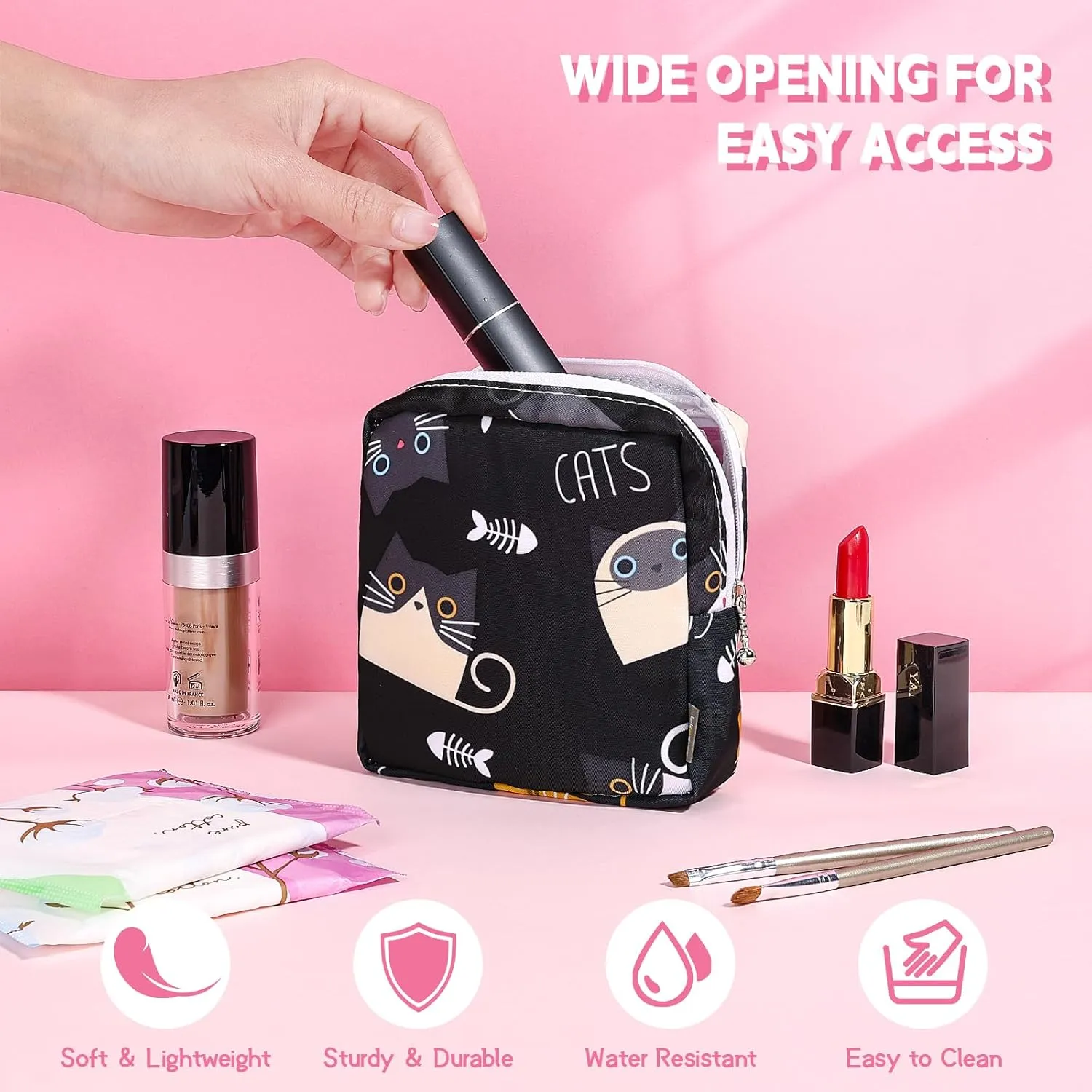 5.1" Mini Makeup Bag for Purse, Nylon Small Makeup Pouch Travel Cosmetic Make up Bags for Women Girls, Cute Preppy Mini Toiletry Bag Coin Pouch Period Bag(5170 Black)