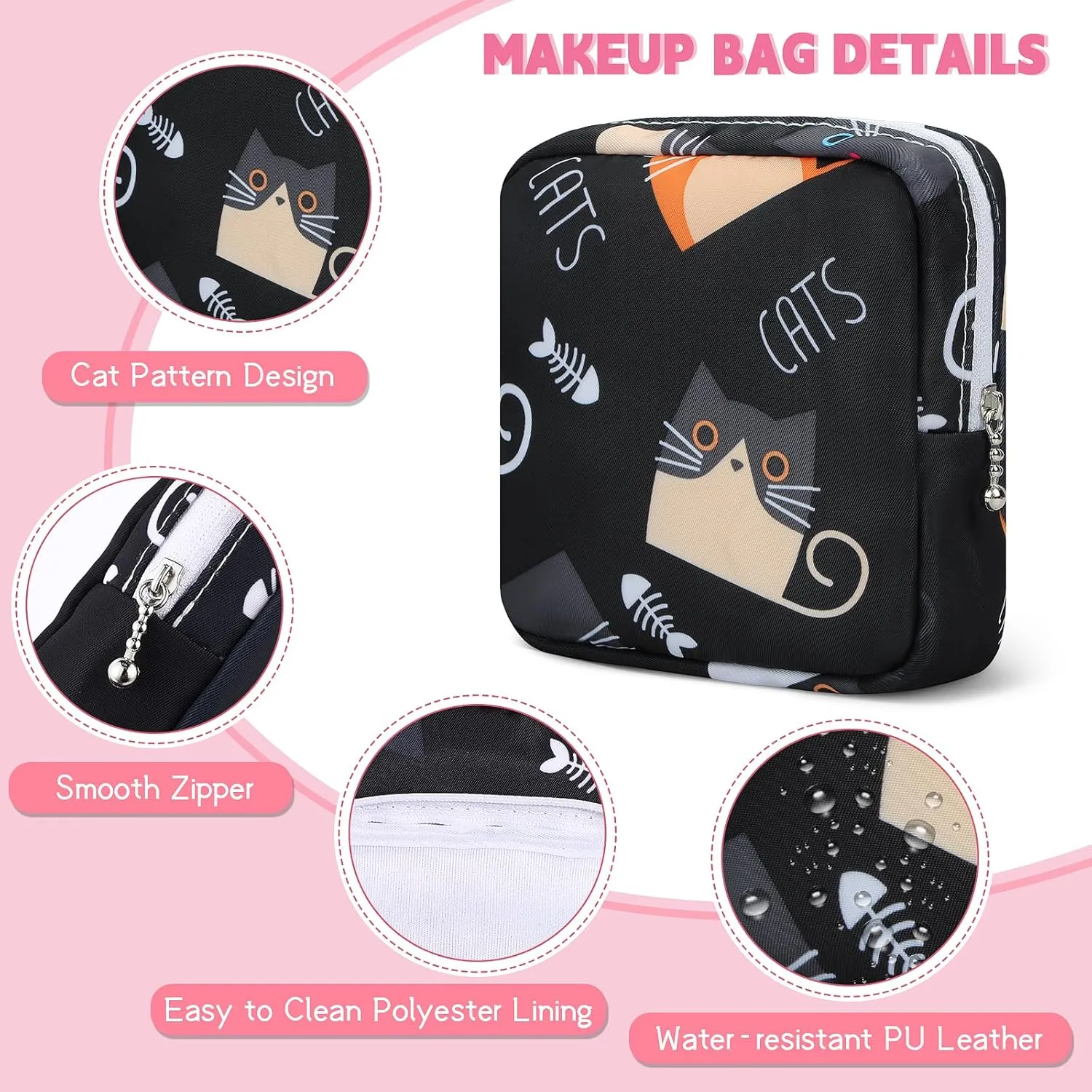 5.1" Mini Makeup Bag for Purse, Nylon Small Makeup Pouch Travel Cosmetic Make up Bags for Women Girls, Cute Preppy Mini Toiletry Bag Coin Pouch Period Bag(5170 Black)