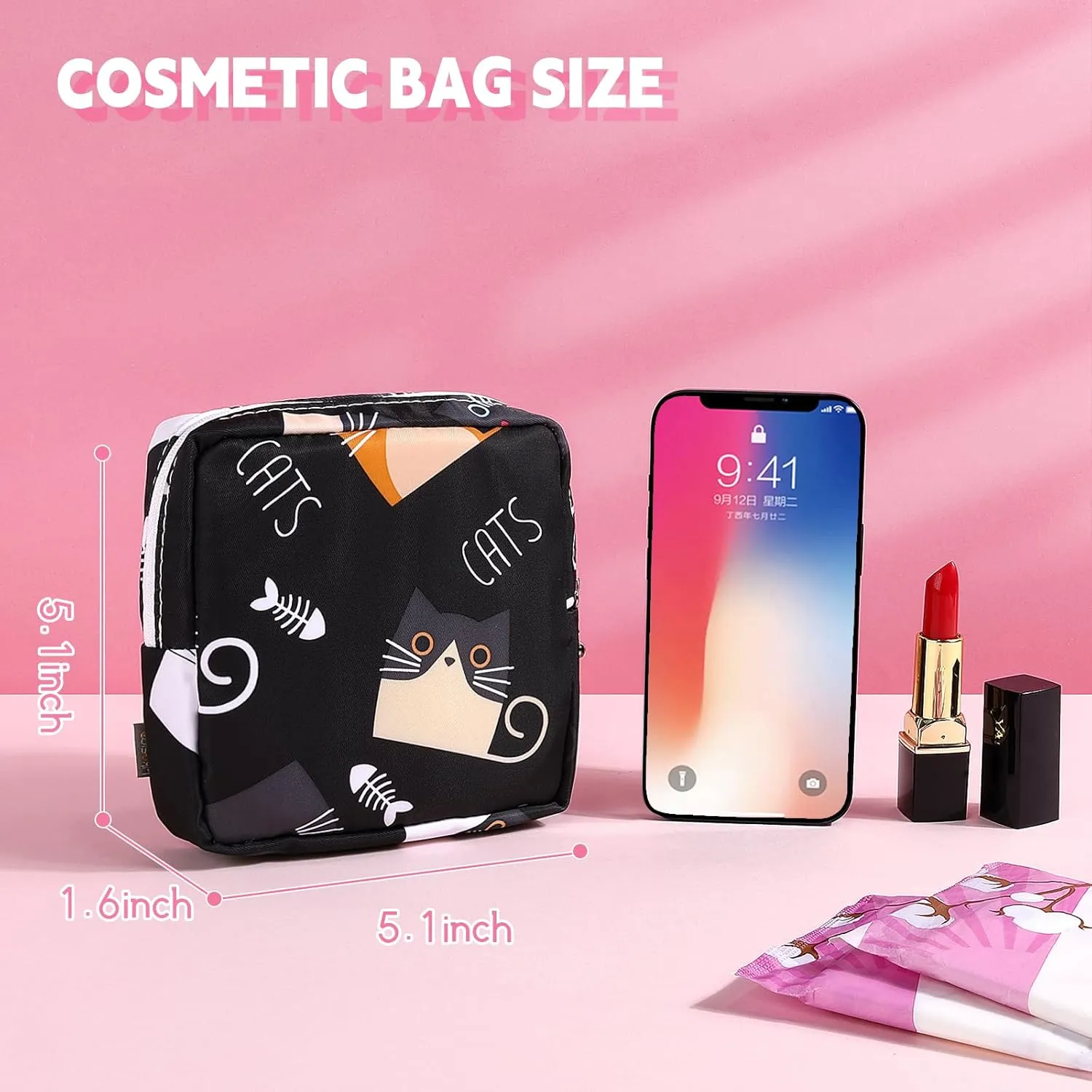 5.1" Mini Makeup Bag for Purse, Nylon Small Makeup Pouch Travel Cosmetic Make up Bags for Women Girls, Cute Preppy Mini Toiletry Bag Coin Pouch Period Bag(5170 Black)
