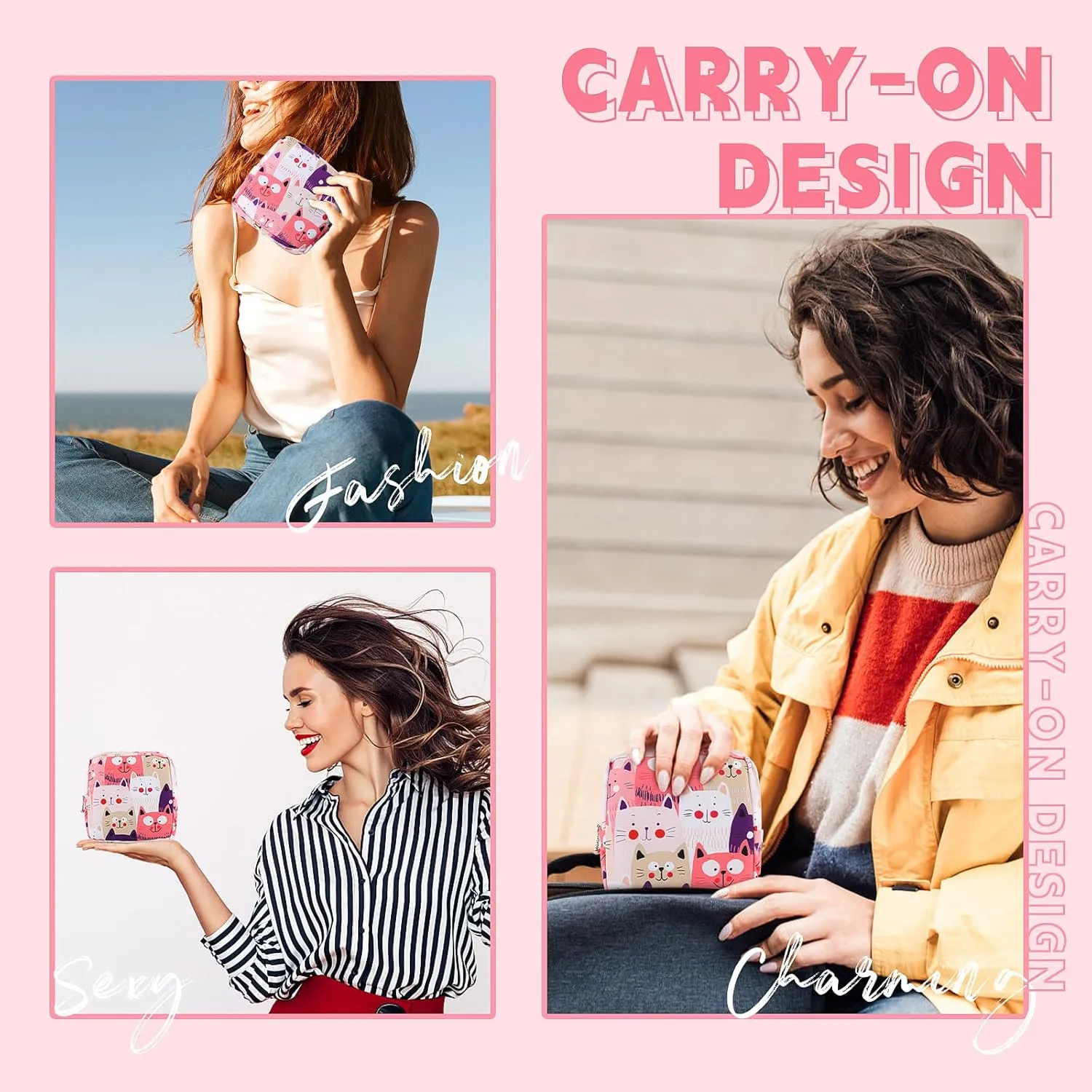5.1" Mini Makeup Bag for Purse, Nylon Small Makeup Pouch Travel Cosmetic Make up Bags for Women Girls, Cute Preppy Mini Toiletry Bag Coin Pouch Period Bag(Cat Pink)