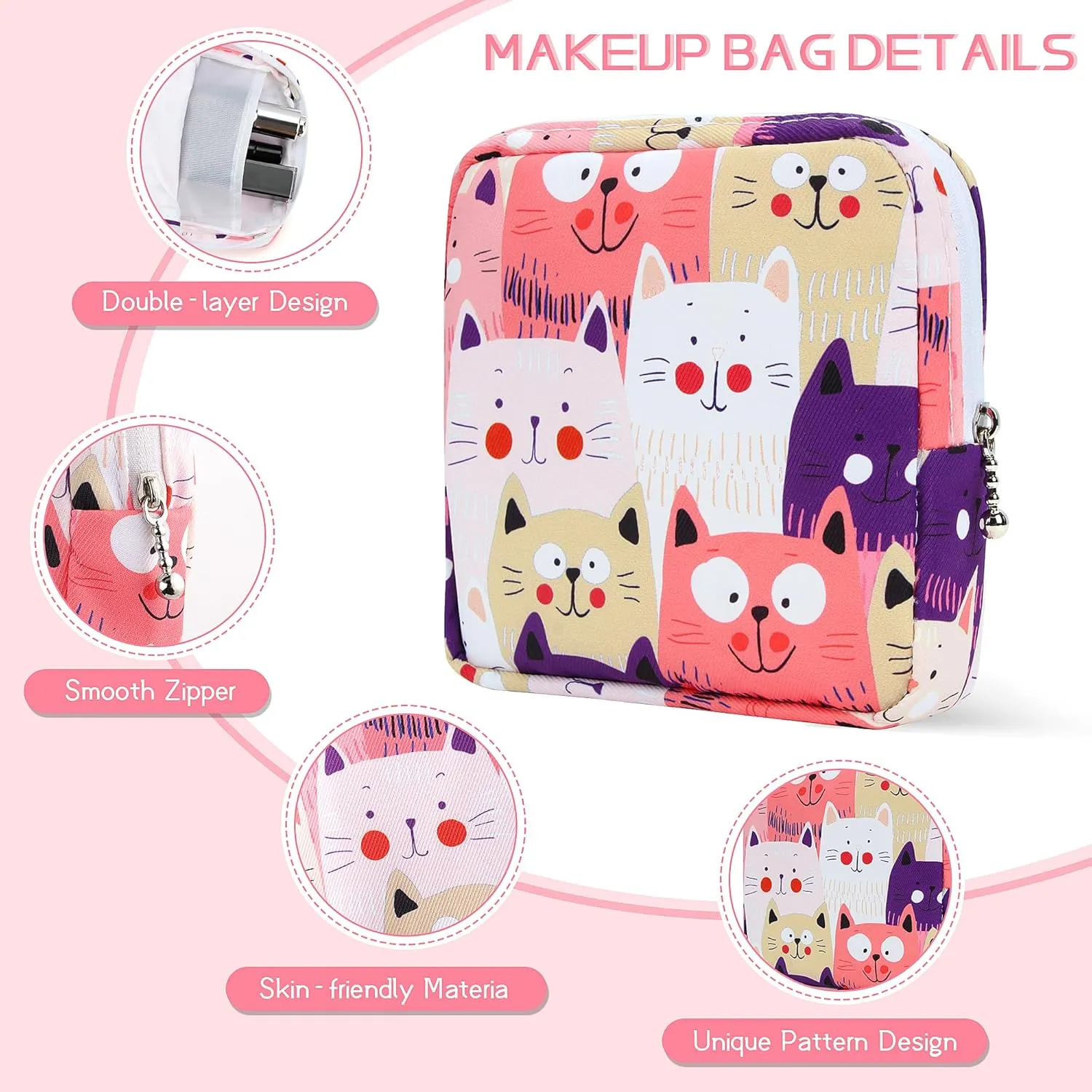 5.1" Mini Makeup Bag for Purse, Nylon Small Makeup Pouch Travel Cosmetic Make up Bags for Women Girls, Cute Preppy Mini Toiletry Bag Coin Pouch Period Bag(Cat Pink)