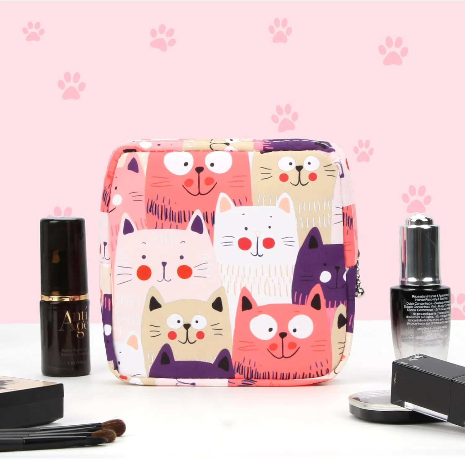 5.1" Mini Makeup Bag for Purse, Nylon Small Makeup Pouch Travel Cosmetic Make up Bags for Women Girls, Cute Preppy Mini Toiletry Bag Coin Pouch Period Bag(Cat Pink)