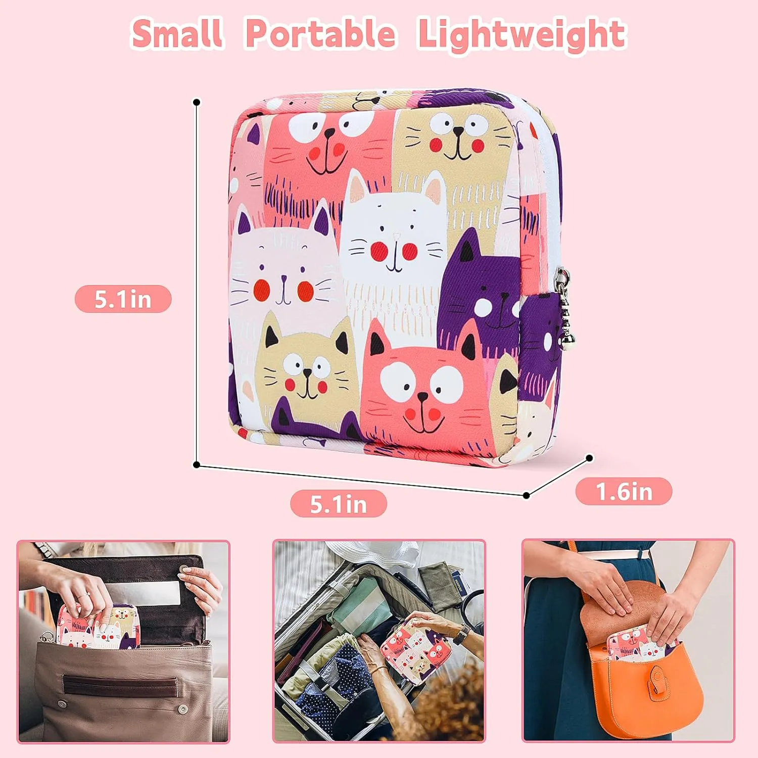 5.1" Mini Makeup Bag for Purse, Nylon Small Makeup Pouch Travel Cosmetic Make up Bags for Women Girls, Cute Preppy Mini Toiletry Bag Coin Pouch Period Bag(Cat Pink)