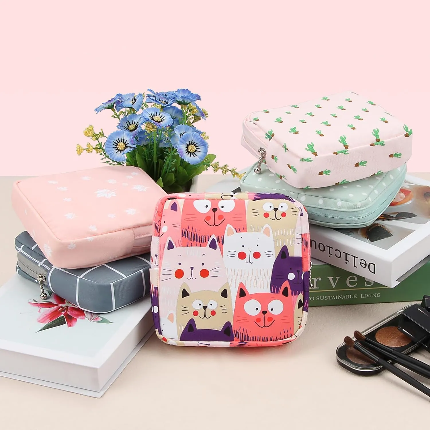 5.1" Mini Makeup Bag for Purse, Nylon Small Makeup Pouch Travel Cosmetic Make up Bags for Women Girls, Cute Preppy Mini Toiletry Bag Coin Pouch Period Bag(Cat Pink)
