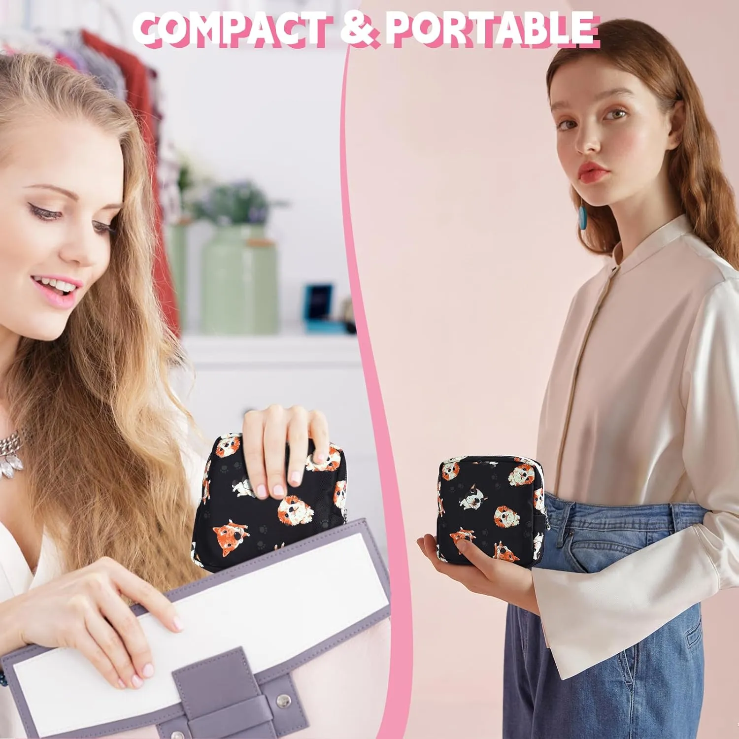 5.1" Mini Makeup Bag for Purse, Nylon Small Makeup Pouch Travel Cosmetic Make up Bags for Women Girls, Cute Preppy Mini Toiletry Bag Coin Pouch Period Bag(N1230 Black)