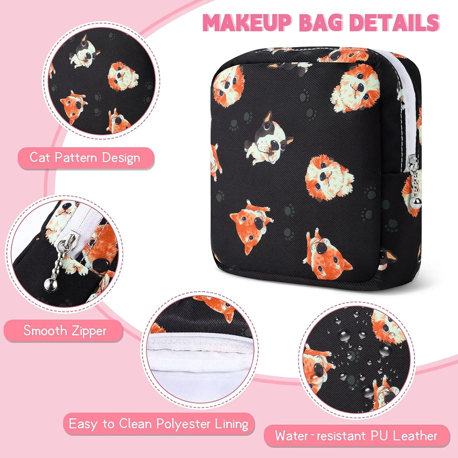 5.1" Mini Makeup Bag for Purse, Nylon Small Makeup Pouch Travel Cosmetic Make up Bags for Women Girls, Cute Preppy Mini Toiletry Bag Coin Pouch Period Bag(N1230 Black)