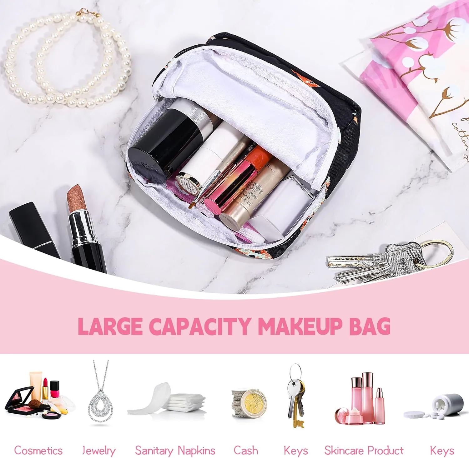 5.1" Mini Makeup Bag for Purse, Nylon Small Makeup Pouch Travel Cosmetic Make up Bags for Women Girls, Cute Preppy Mini Toiletry Bag Coin Pouch Period Bag(N1230 Black)