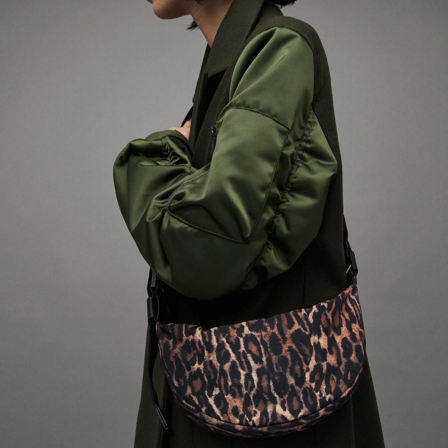 AllSaints Half Moon Anita Leopard Print Nylon Bag in Natural Brown