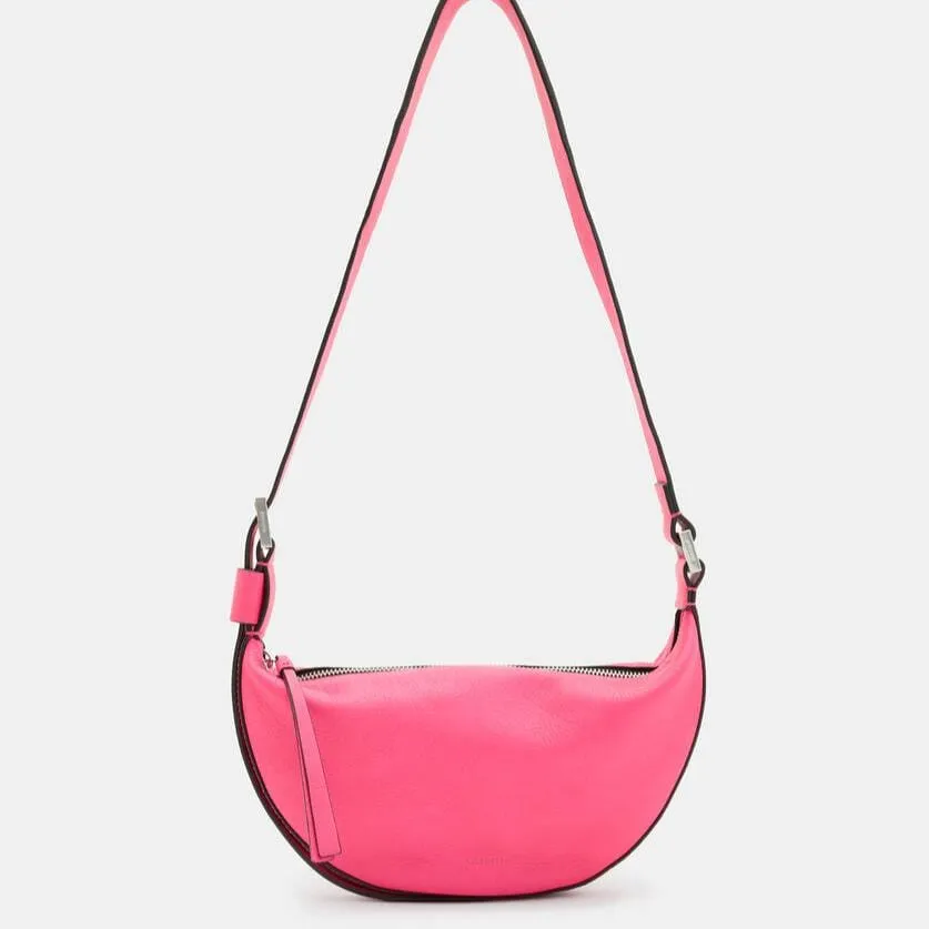 AllSaints Half Moon Leather Crossbody Bag in Hot Pink