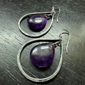 Amethyst Teardrops in Small Silver Hoops