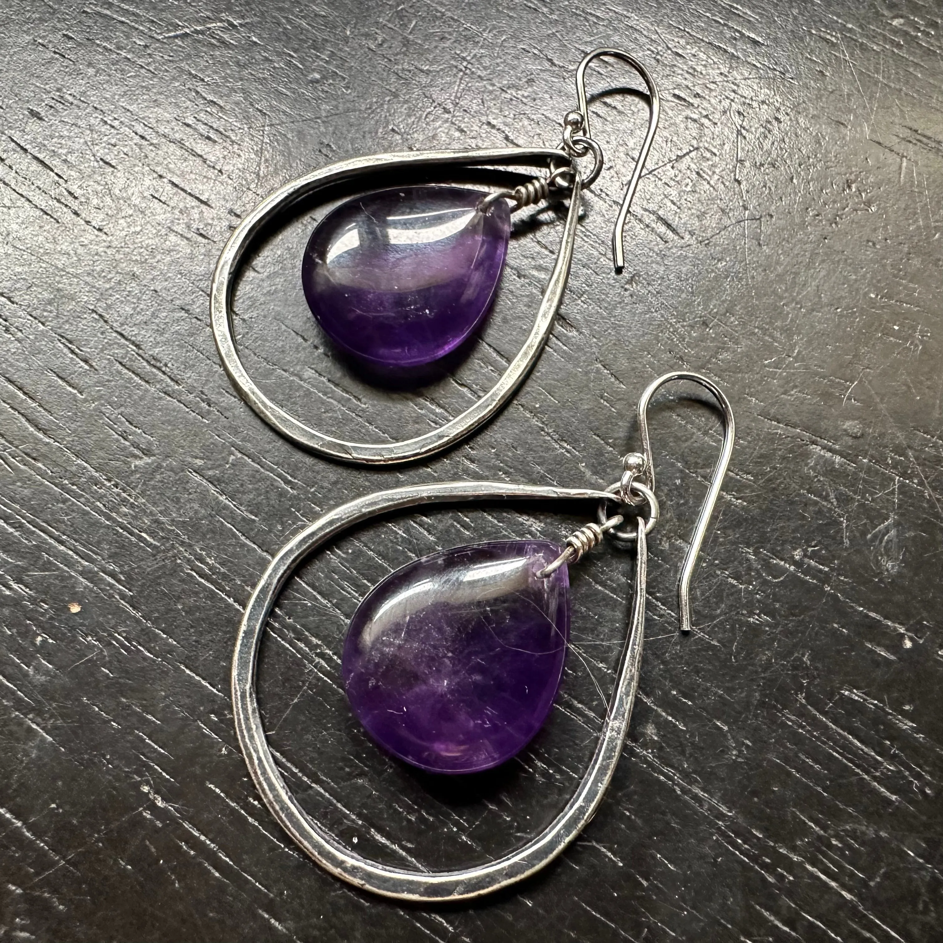 Amethyst Teardrops in Small Silver Hoops