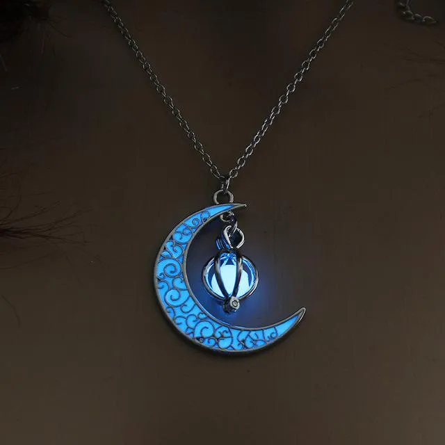 Glow In the Dark Crescent Moon Luminous Stone Beads Pendant Necklace