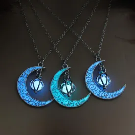 Glow In the Dark Crescent Moon Luminous Stone Beads Pendant Necklace