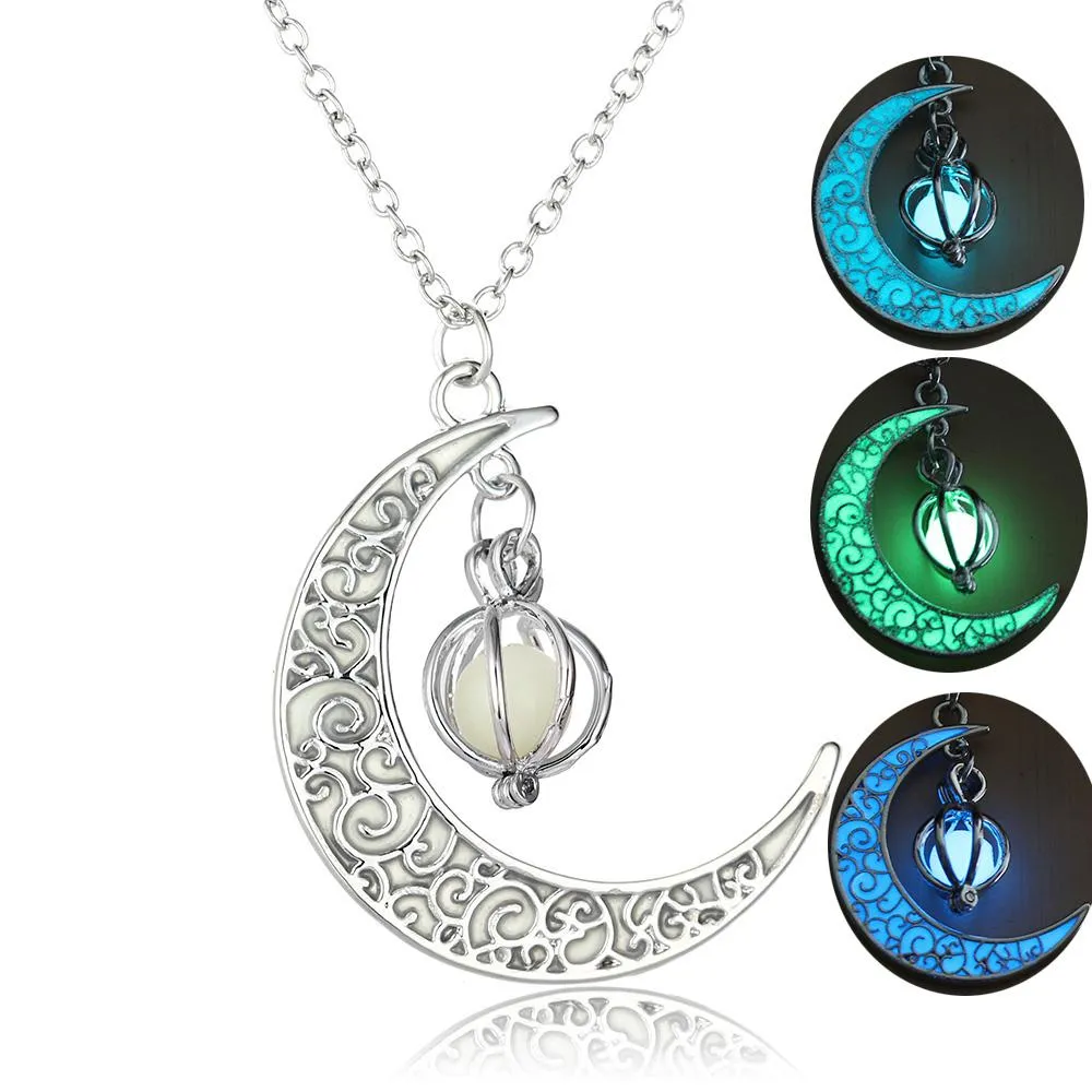 Glow In the Dark Crescent Moon Luminous Stone Beads Pendant Necklace