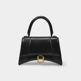 Hourglass Top Handle S Bag in Black Shiny Leather