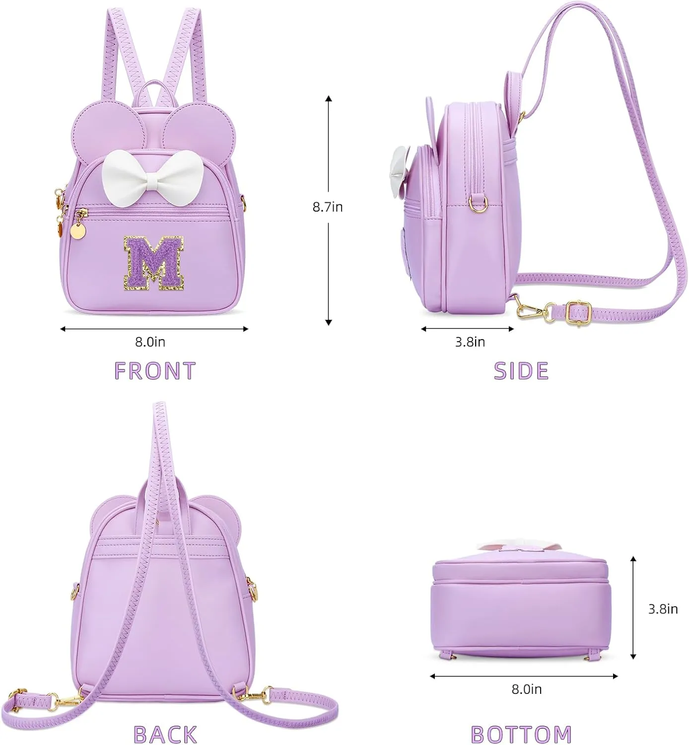 KKXIU Girls Initial Bowknot Cute Mini Backpack Small Women Daypacks, Personalized Trendy Stuff Gifts for Kids and Teen - Purple - M