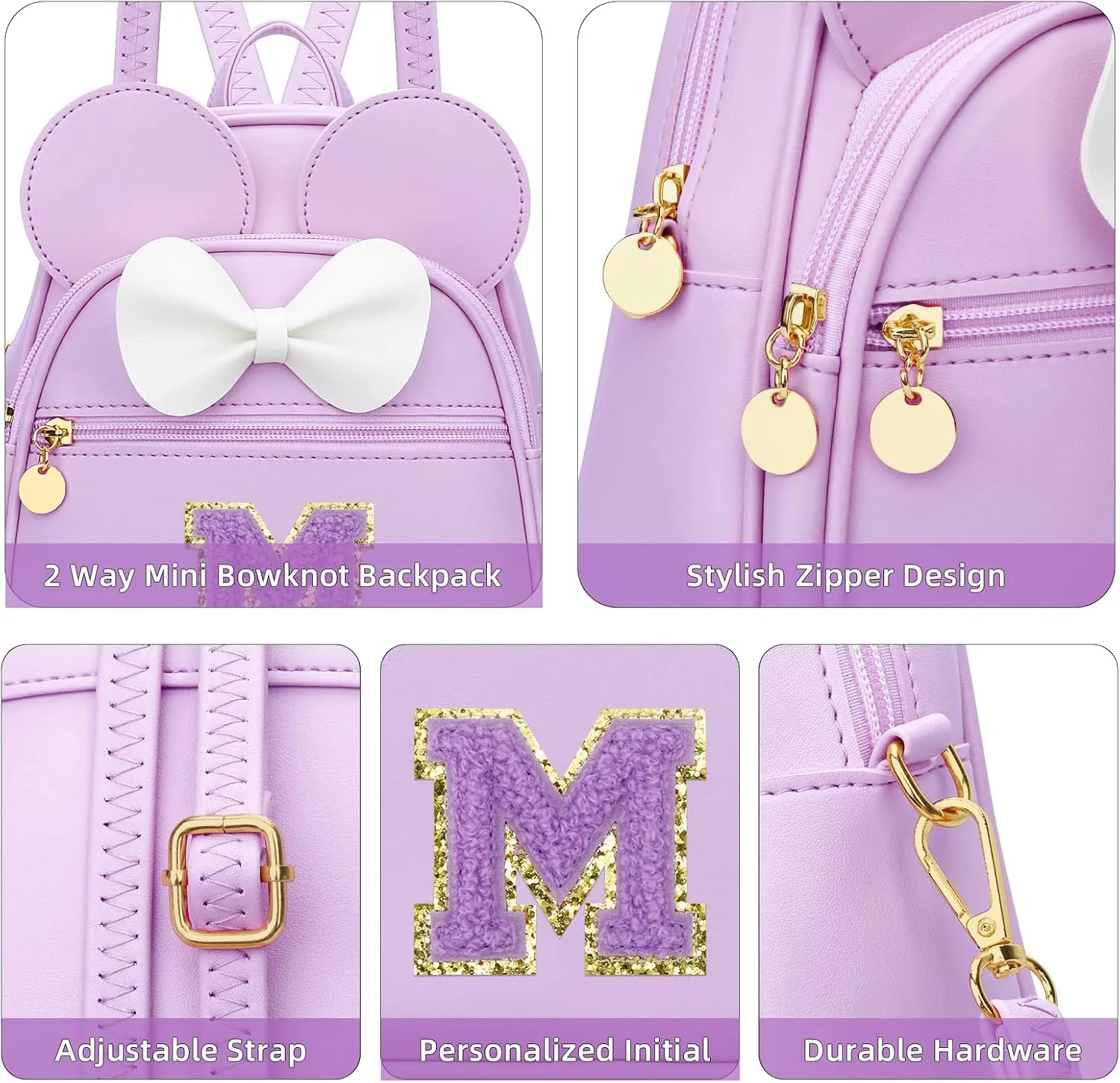 KKXIU Girls Initial Bowknot Cute Mini Backpack Small Women Daypacks, Personalized Trendy Stuff Gifts for Kids and Teen - Purple - M
