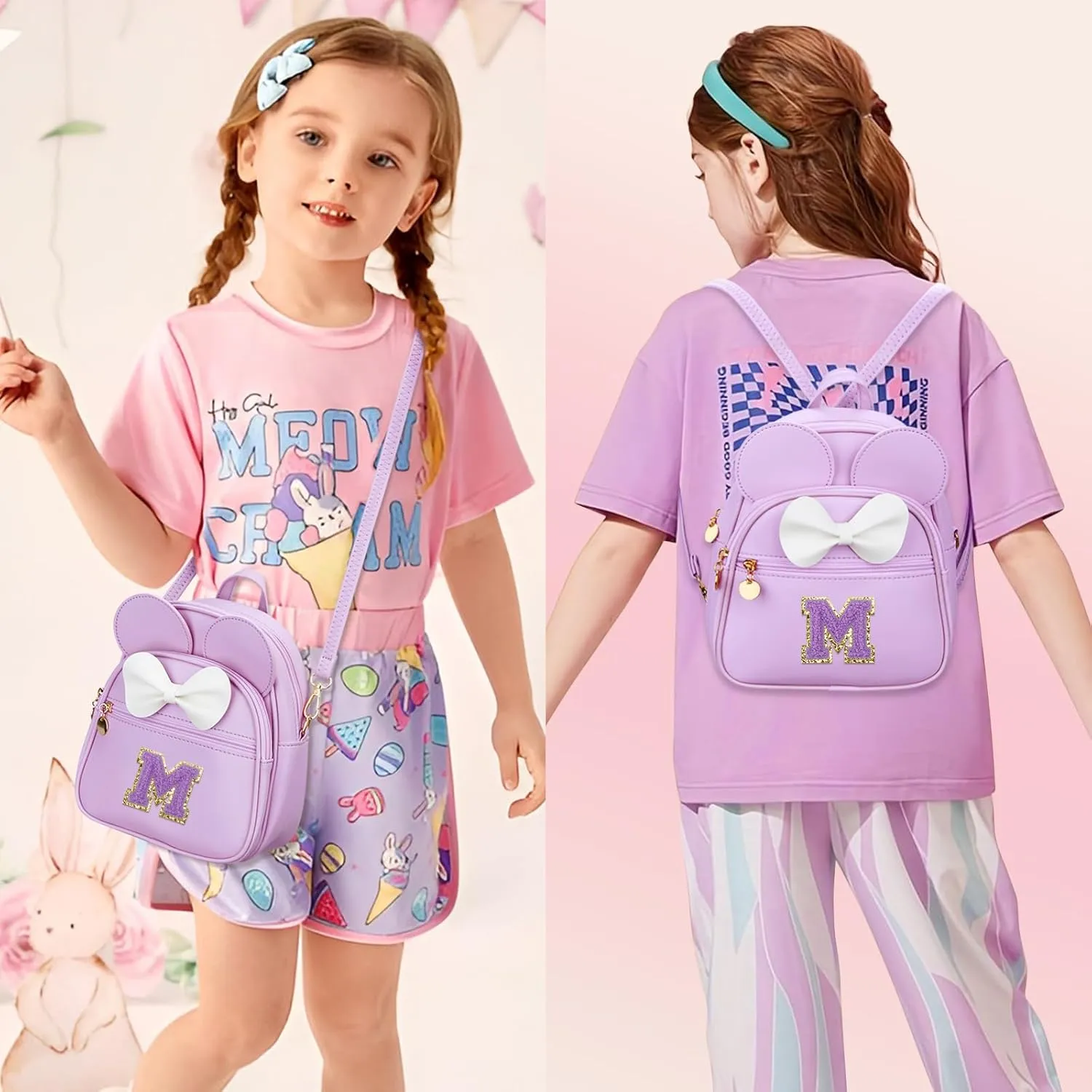 KKXIU Girls Initial Bowknot Cute Mini Backpack Small Women Daypacks, Personalized Trendy Stuff Gifts for Kids and Teen - Purple - M