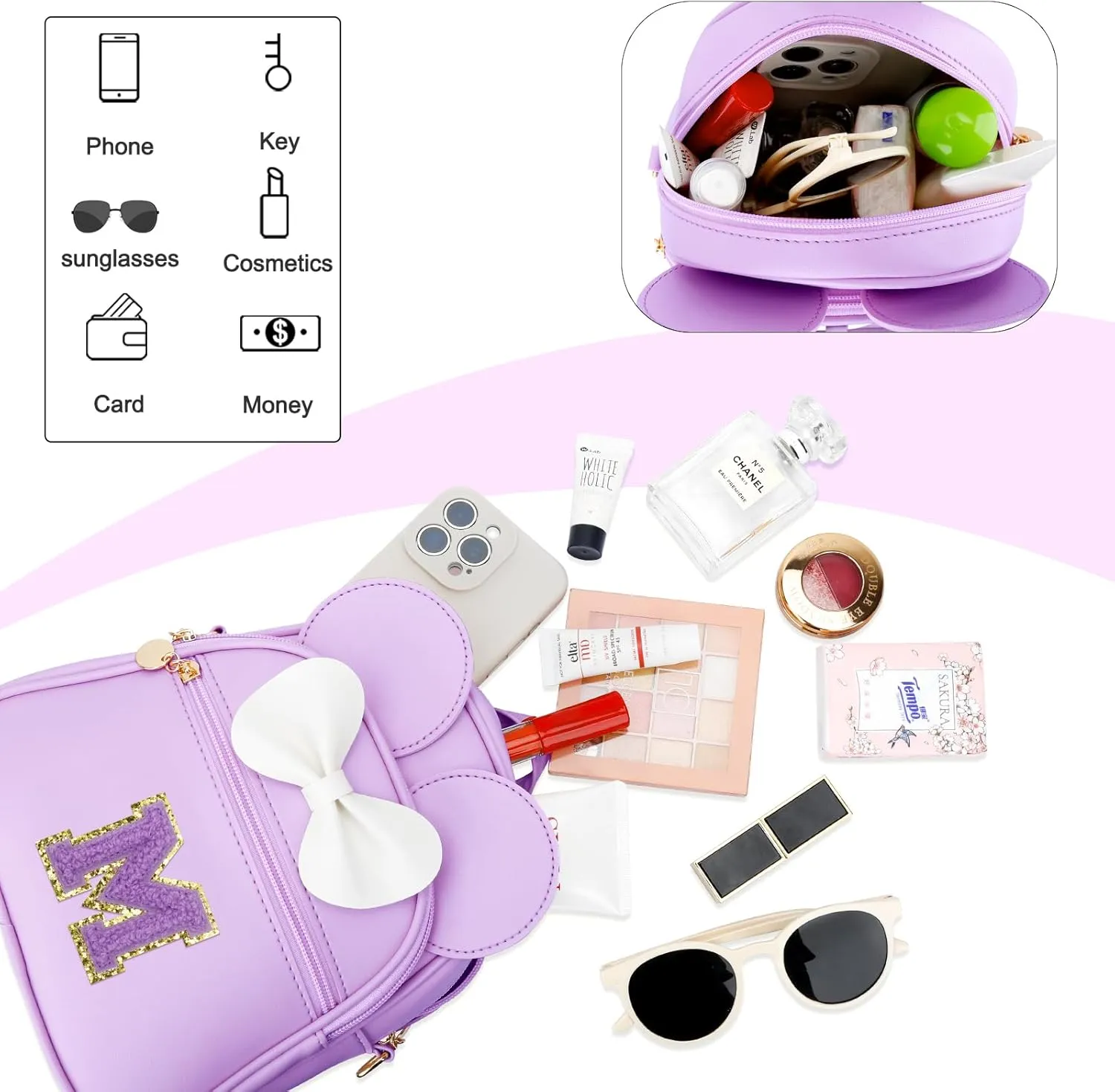 KKXIU Girls Initial Bowknot Cute Mini Backpack Small Women Daypacks, Personalized Trendy Stuff Gifts for Kids and Teen - Purple - M