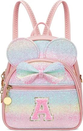 KKXIU Initial Bowknot Mini Backpacks for Girls Women, Small Cute Backpack Purse, Personalized Trendy Stuff Gifts for Toddler, Kids and Teen Girls(A, Rainbow)
