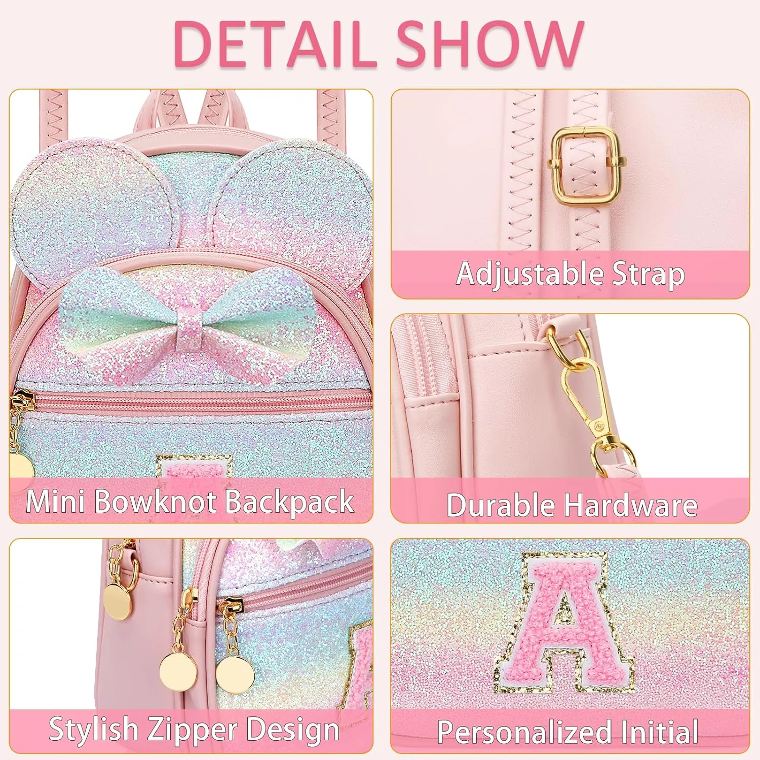 KKXIU Initial Bowknot Mini Backpacks for Girls Women, Small Cute Backpack Purse, Personalized Trendy Stuff Gifts for Toddler, Kids and Teen Girls(A, Rainbow)