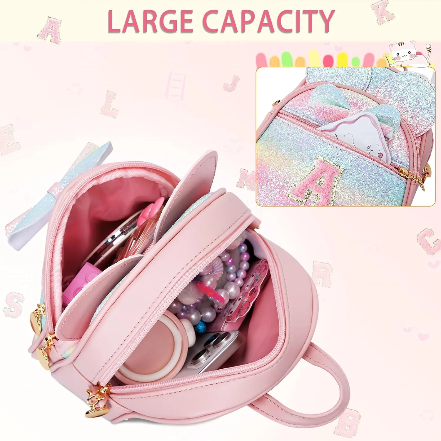 KKXIU Initial Bowknot Mini Backpacks for Girls Women, Small Cute Backpack Purse, Personalized Trendy Stuff Gifts for Toddler, Kids and Teen Girls(S, Rainbow)
