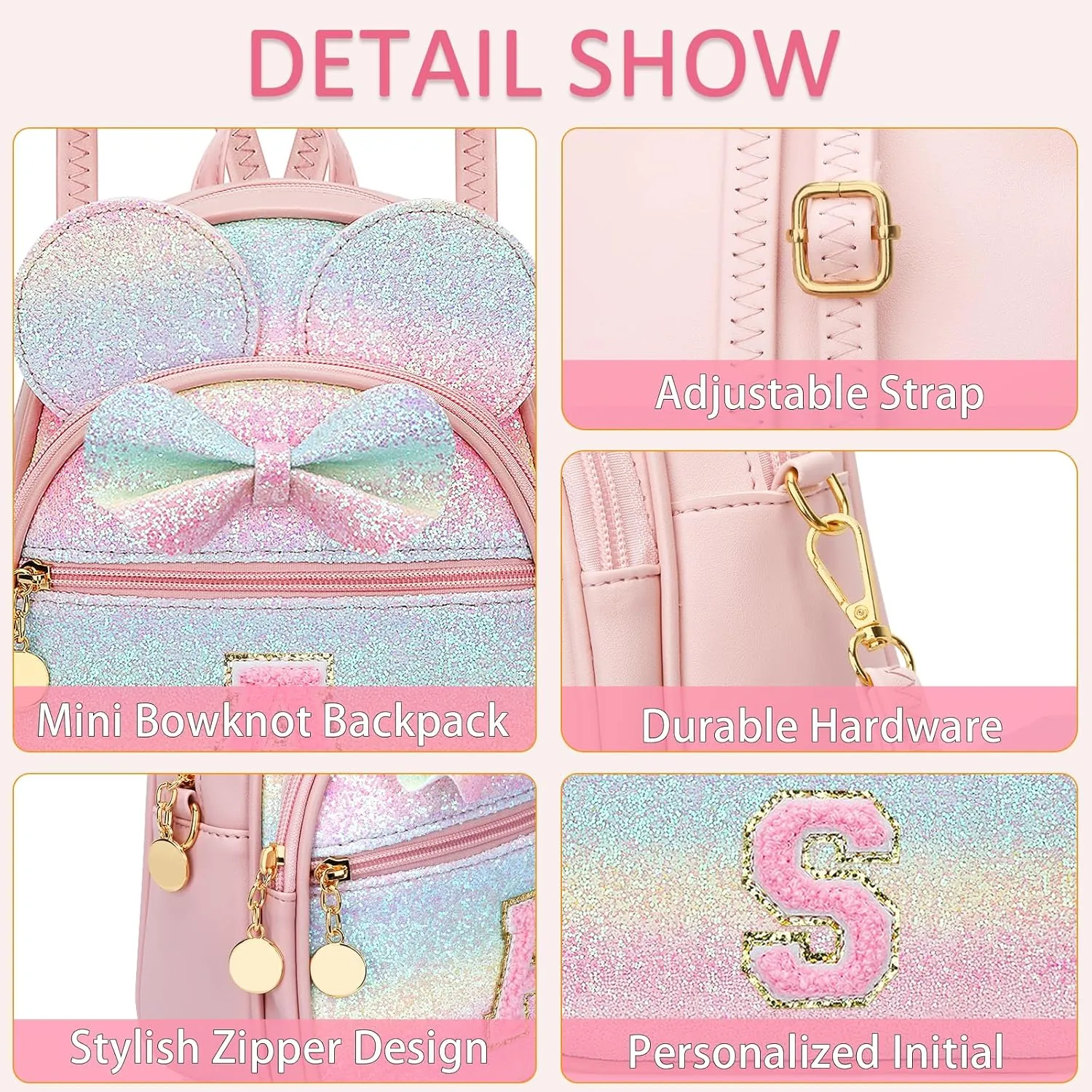 KKXIU Initial Bowknot Mini Backpacks for Girls Women, Small Cute Backpack Purse, Personalized Trendy Stuff Gifts for Toddler, Kids and Teen Girls(S, Rainbow)