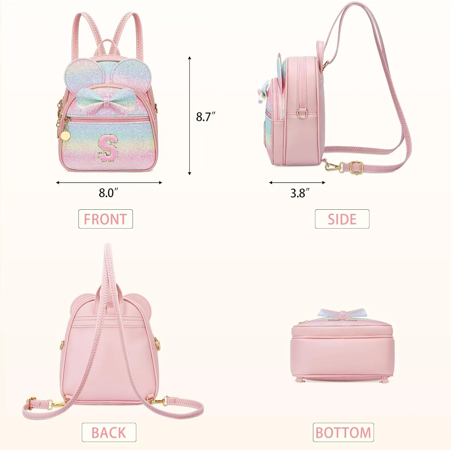 KKXIU Initial Bowknot Mini Backpacks for Girls Women, Small Cute Backpack Purse, Personalized Trendy Stuff Gifts for Toddler, Kids and Teen Girls(S, Rainbow)