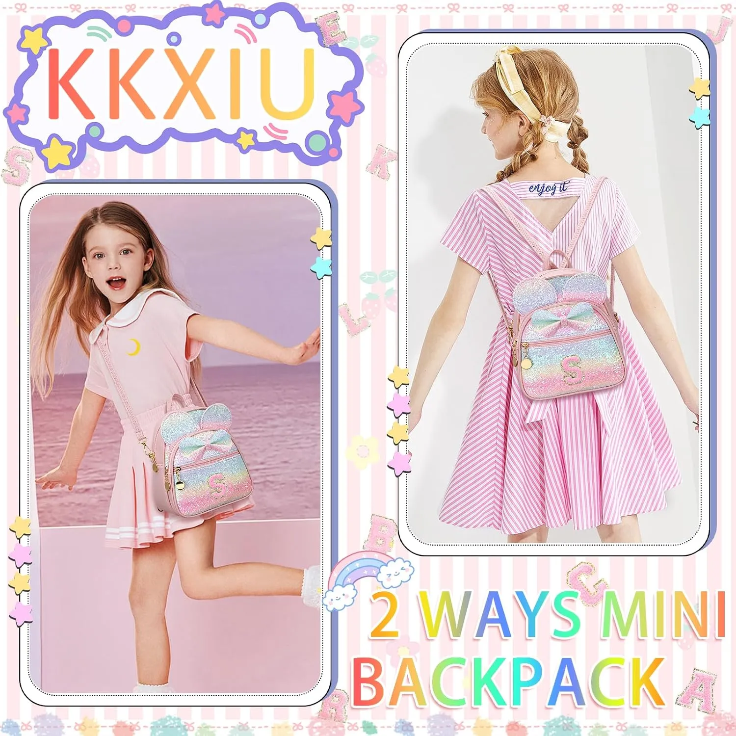 KKXIU Initial Bowknot Mini Backpacks for Girls Women, Small Cute Backpack Purse, Personalized Trendy Stuff Gifts for Toddler, Kids and Teen Girls(S, Rainbow)