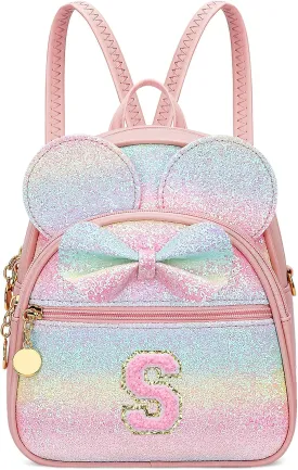 KKXIU Initial Bowknot Mini Backpacks for Girls Women, Small Cute Backpack Purse, Personalized Trendy Stuff Gifts for Toddler, Kids and Teen Girls(S, Rainbow)