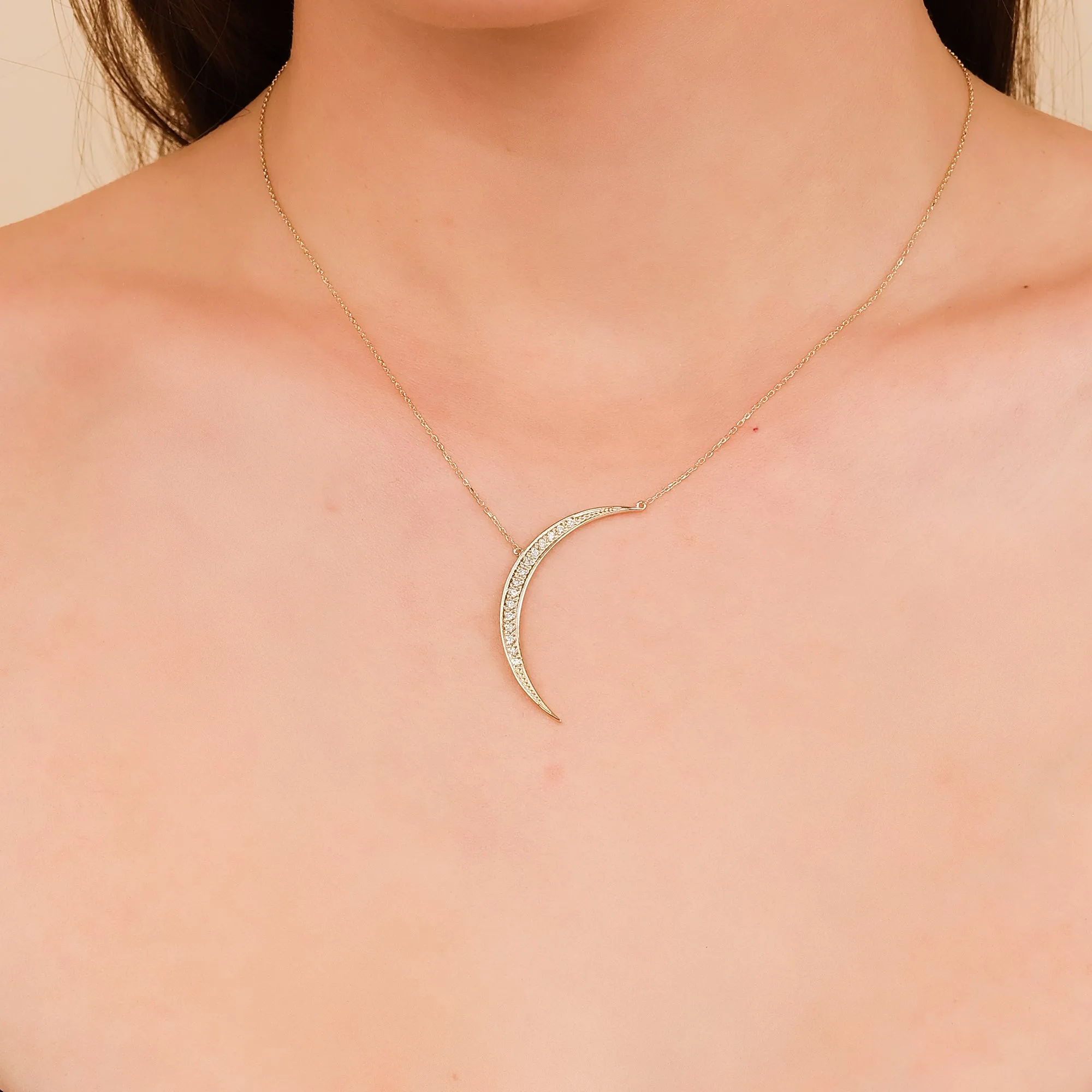 Large Diamond Crescent Necklace, Luna