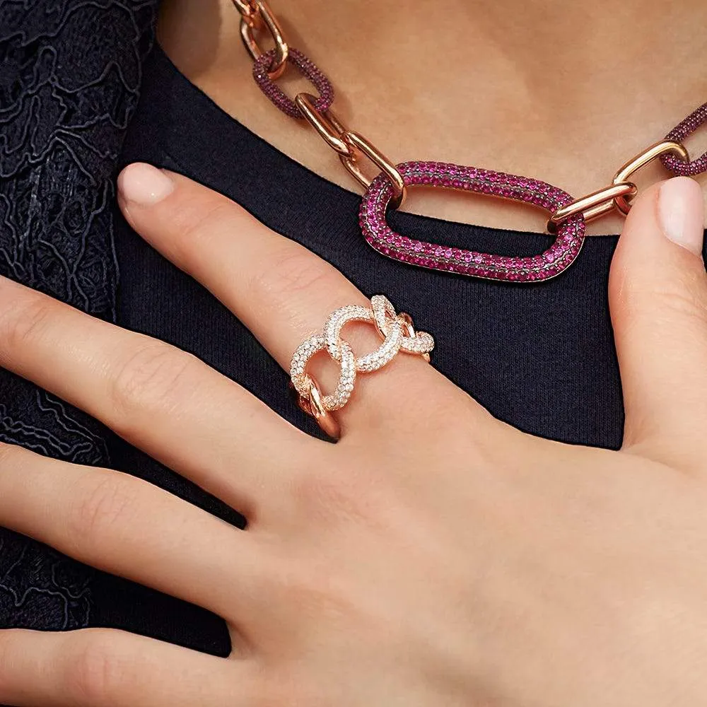 Large Pink and White Chain Ring - Pink Silver