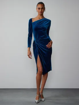 Long Sleeve Asymmetric Neck Ruched Dress