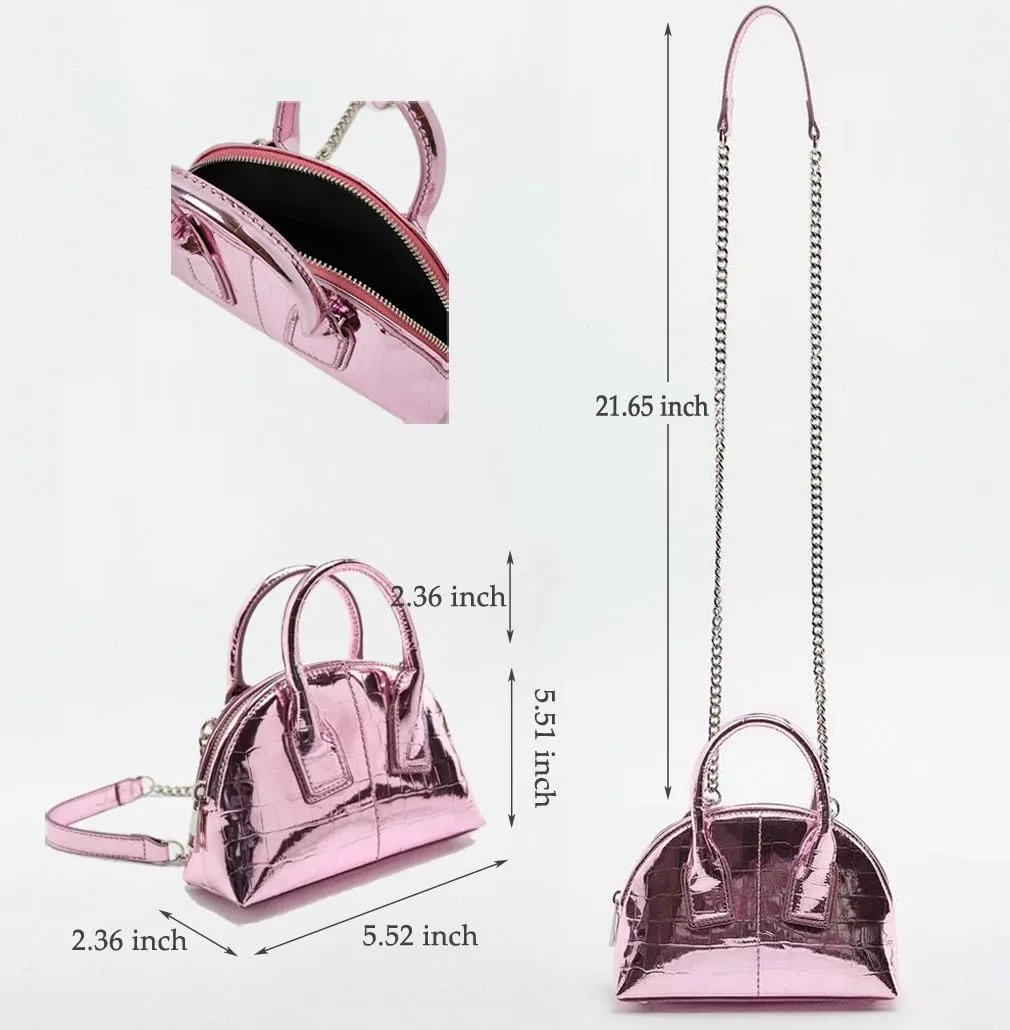Mini Silver Crossbody Purse for Women Gold Purse Cute Small Top Handle Purses Pink Metallic Bag Shiny Chain Handbag