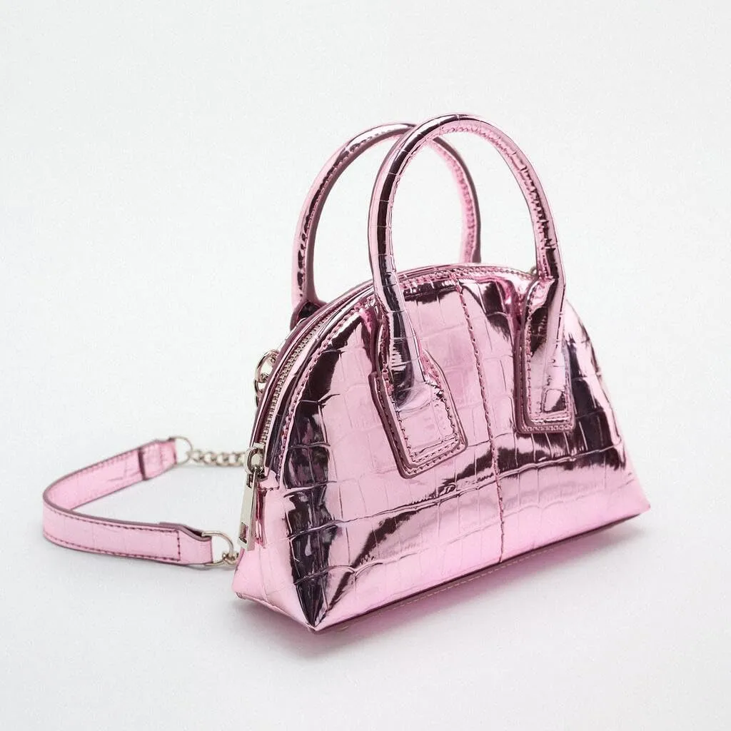 Mini Silver Crossbody Purse for Women Gold Purse Cute Small Top Handle Purses Pink Metallic Bag Shiny Chain Handbag