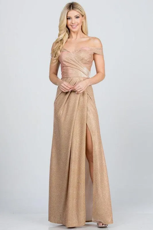Off the Shoulder Glittery Jacquard Gathered Gown